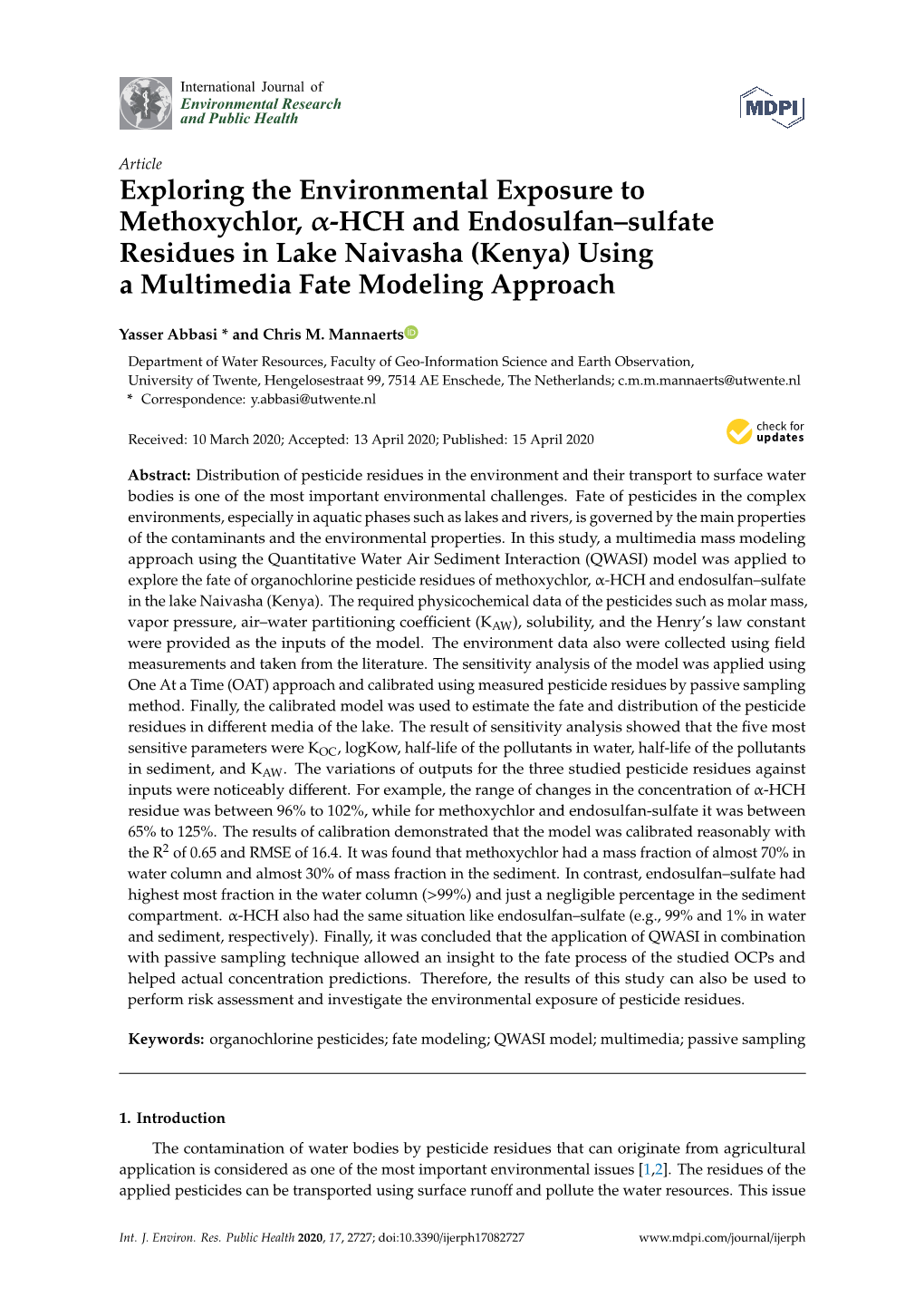 Exploring the Environmental Exposure to Methoxychlor, Α-HCH and Endosulfan–Sulfate Residues in Lake Naivasha (Kenya) Using a Multimedia Fate Modeling Approach