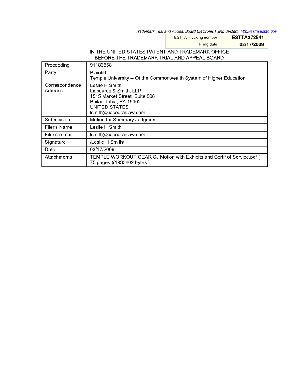 Estta272541 03/17/2009 in the United States Patent And