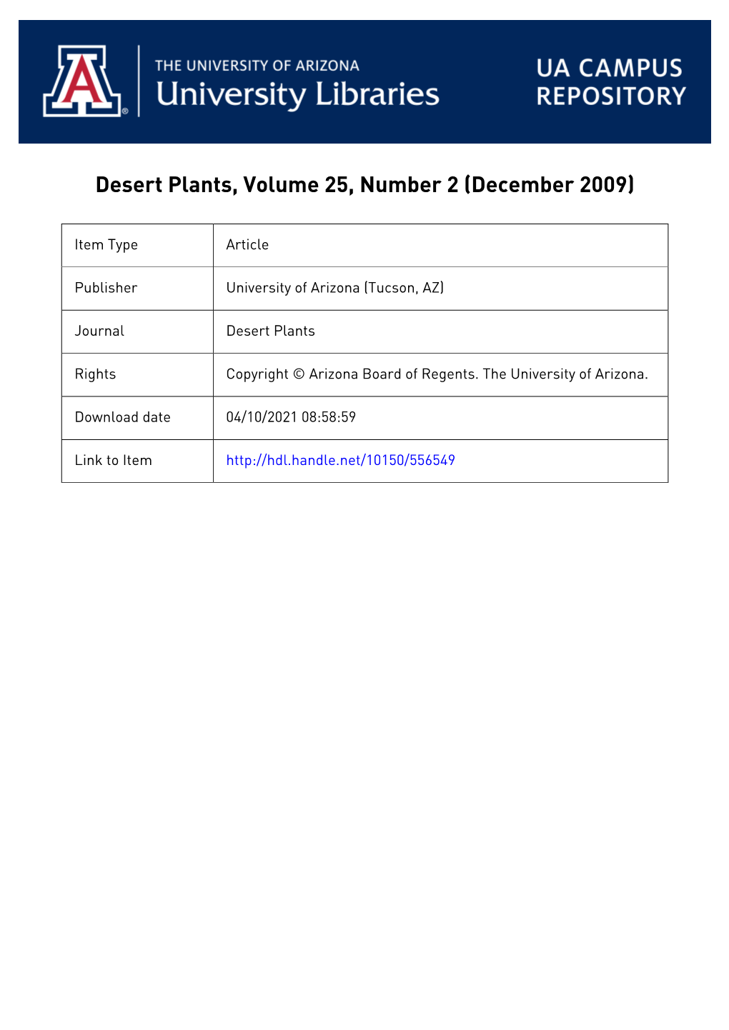 Desert Plants, Volume 25, Number 2 (December 2009)