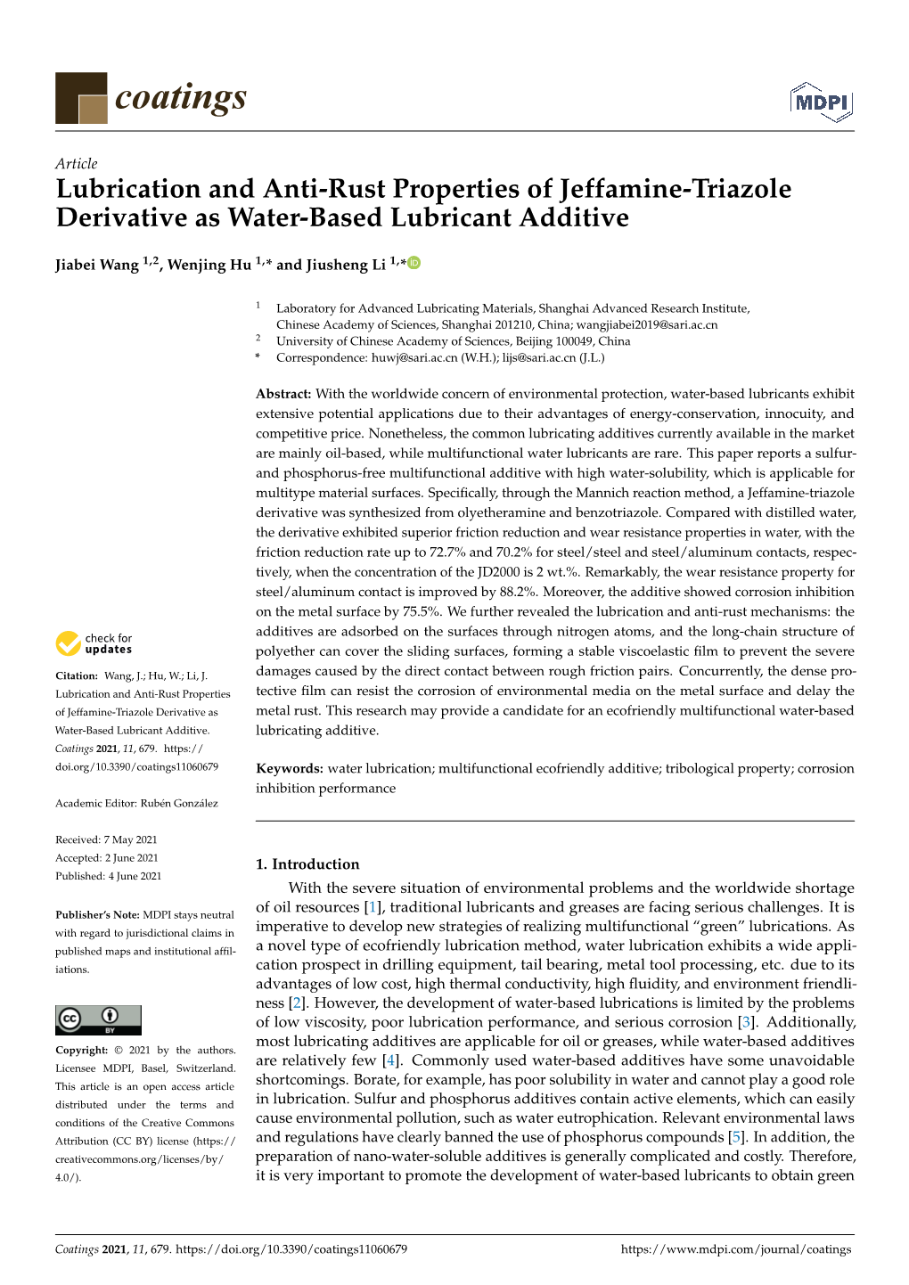 Lubrication and Anti-Rust Properties of Jeffamine-Triazole Derivative As Water-Based Lubricant Additive