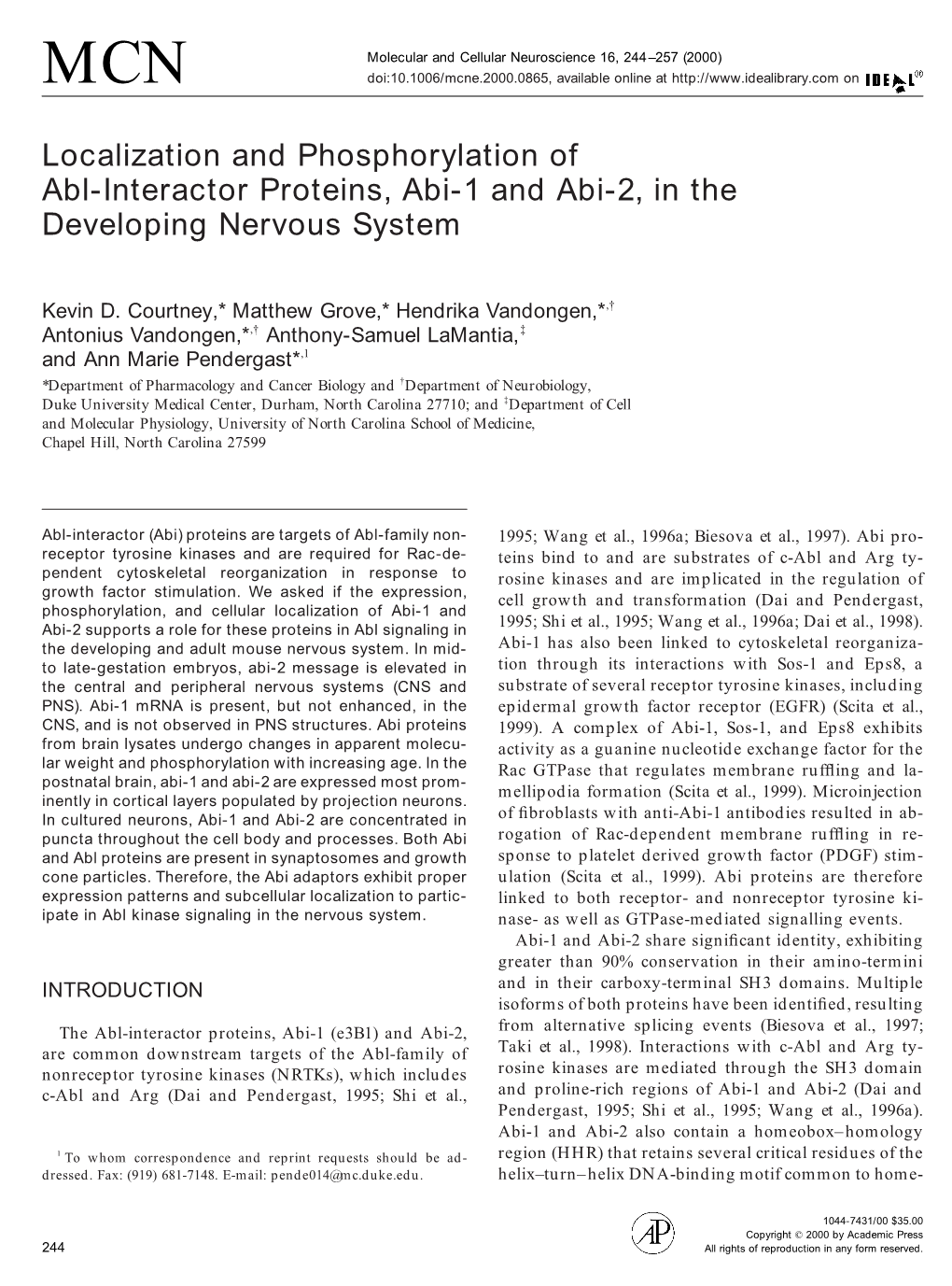 Localization and Phosphorylation of Abl-Interactor Proteins, Abi-1 and Abi-2, in the Developing Nervous System