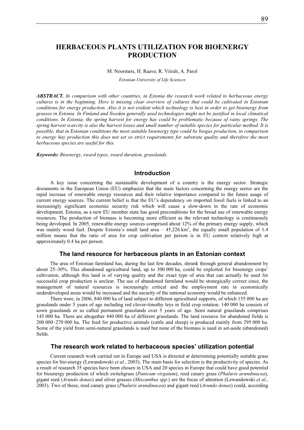 89 Herbaceous Plants Utilization for Bioenergy