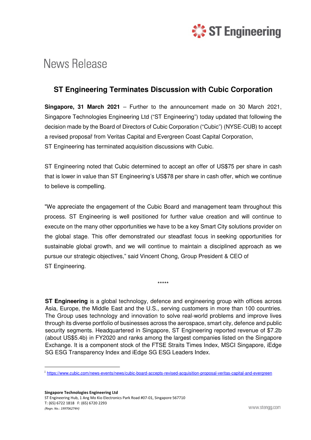 ST Engineering Terminates Discussion with Cubic Corporation