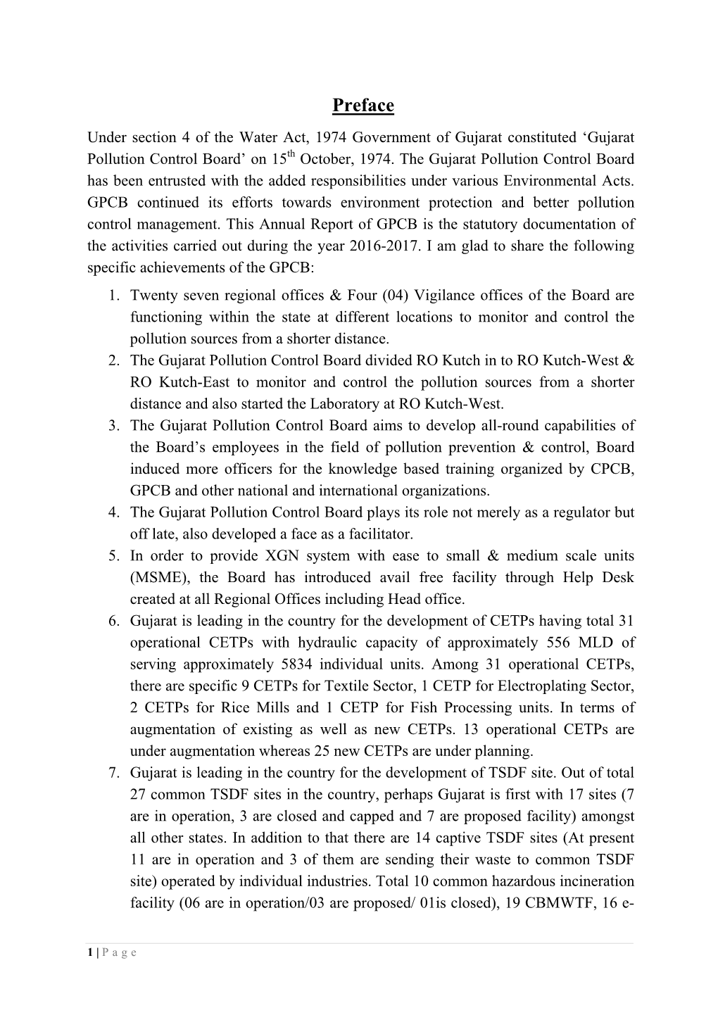 Preface Under Section 4 of the Water Act, 1974 Government of Gujarat Constituted ‘Gujarat Pollution Control Board’ on 15Th October, 1974