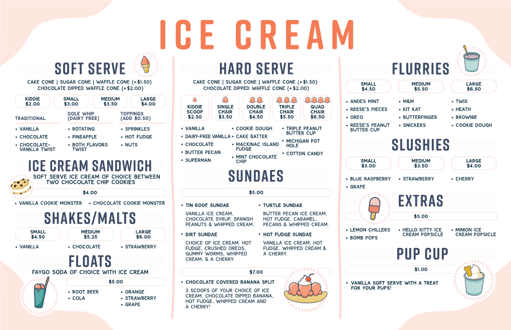 Hard Serve Soft Serve Sundaes Shakes/Malts Floats Extras Slushies