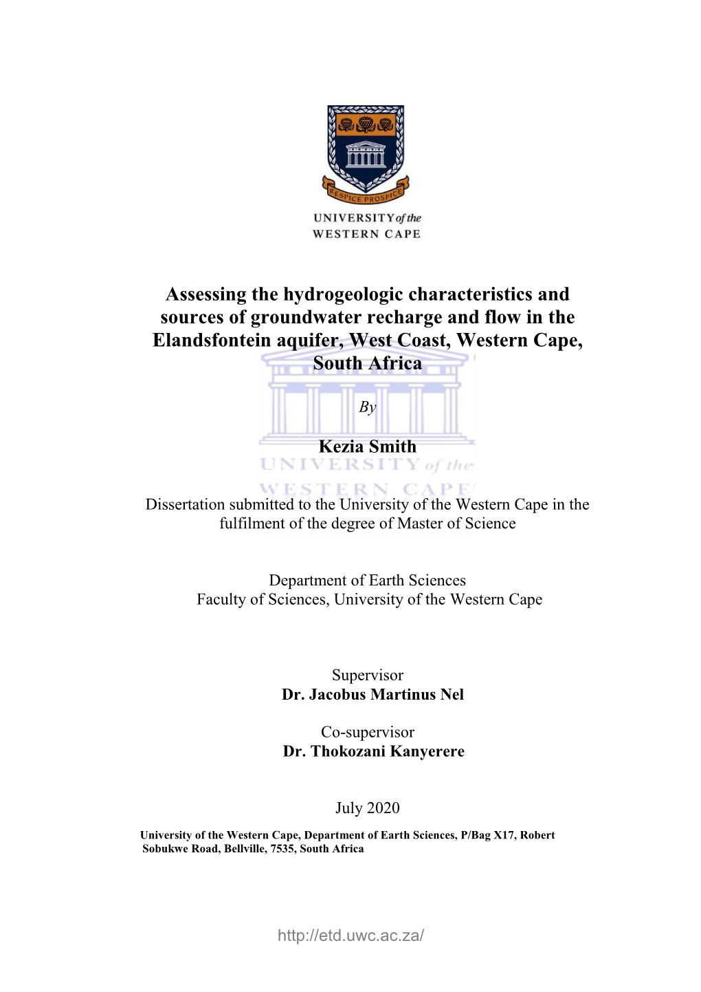 Assessing the Hydrogeologic Characteristics and Sources of Groundwater Recharge and Flow in the Elandsfontein Aquifer, West Coast, Western Cape, South Africa