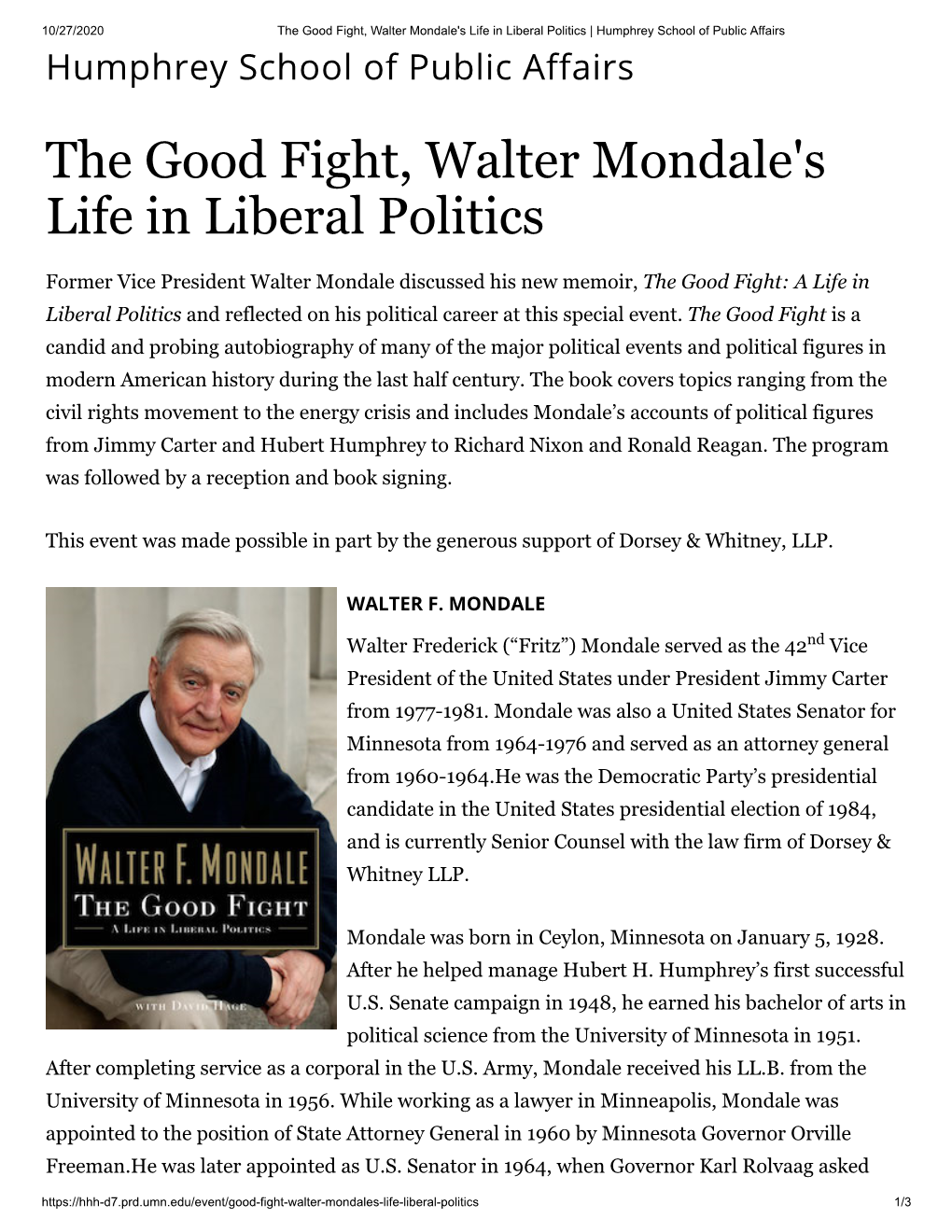 The Good Fight, Walter Mondale's Life in Liberal Politics