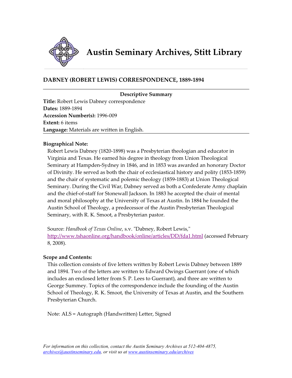 Austin Seminary Archives, Stitt Library