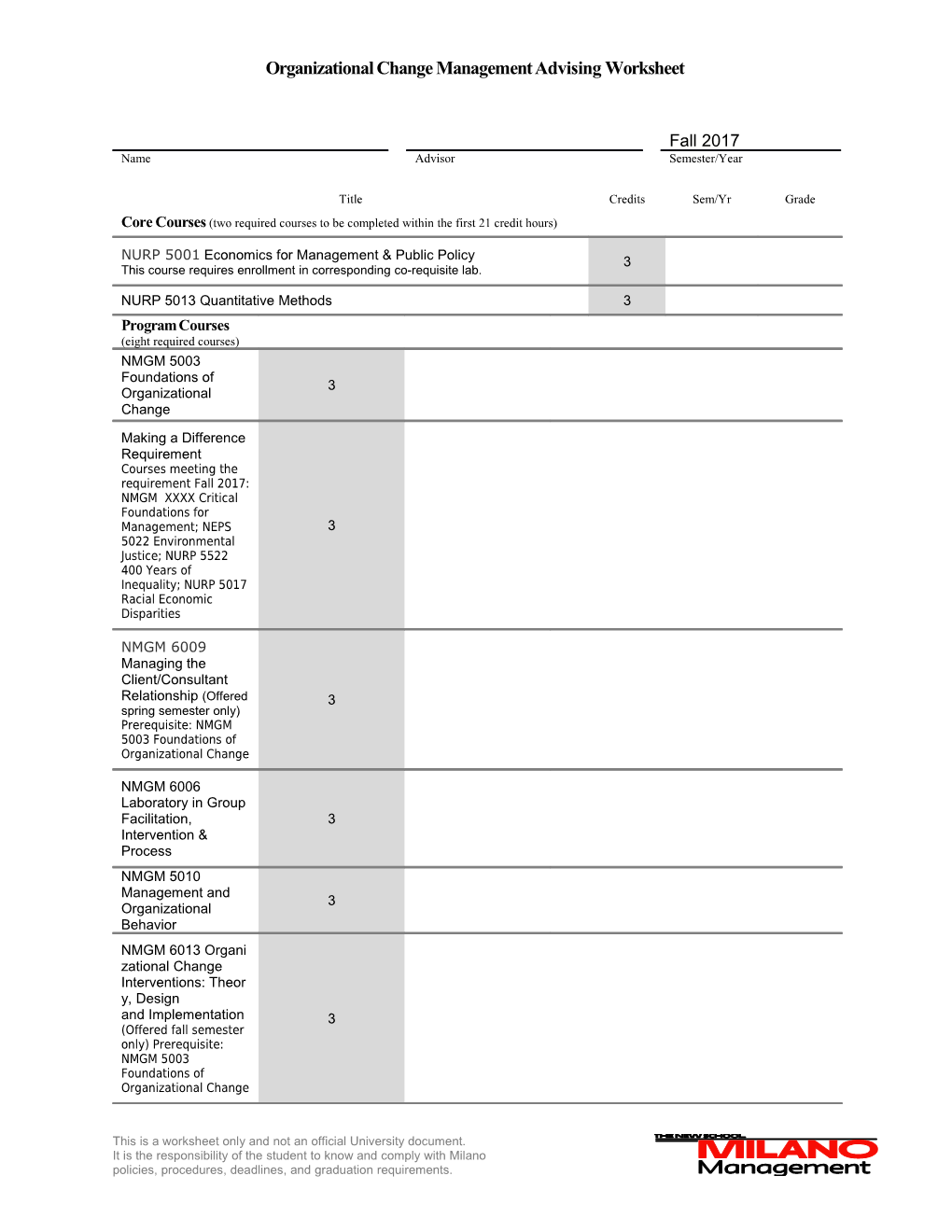 Masters of Science in Nonprofit Management Advising Sheet