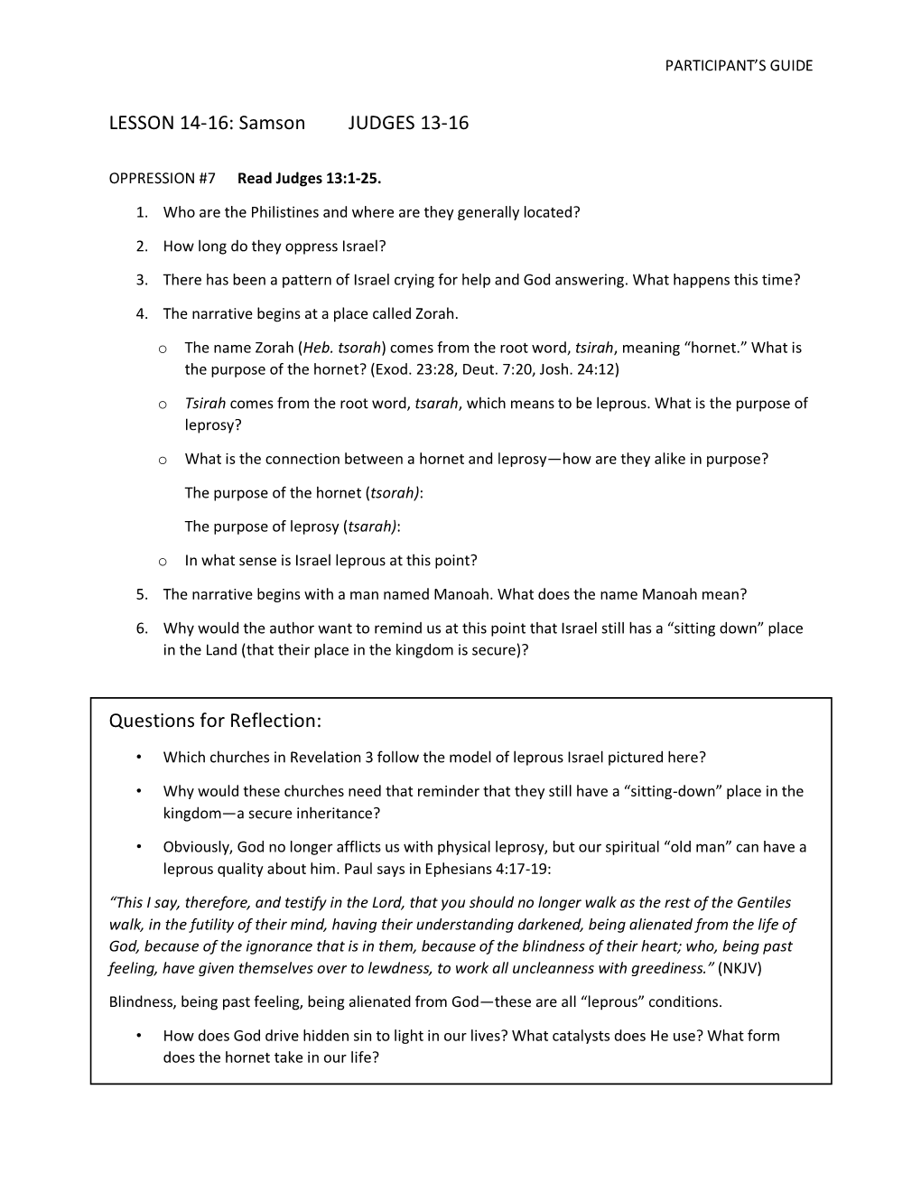 Samson JUDGES 13-16 Questions for Reflection
