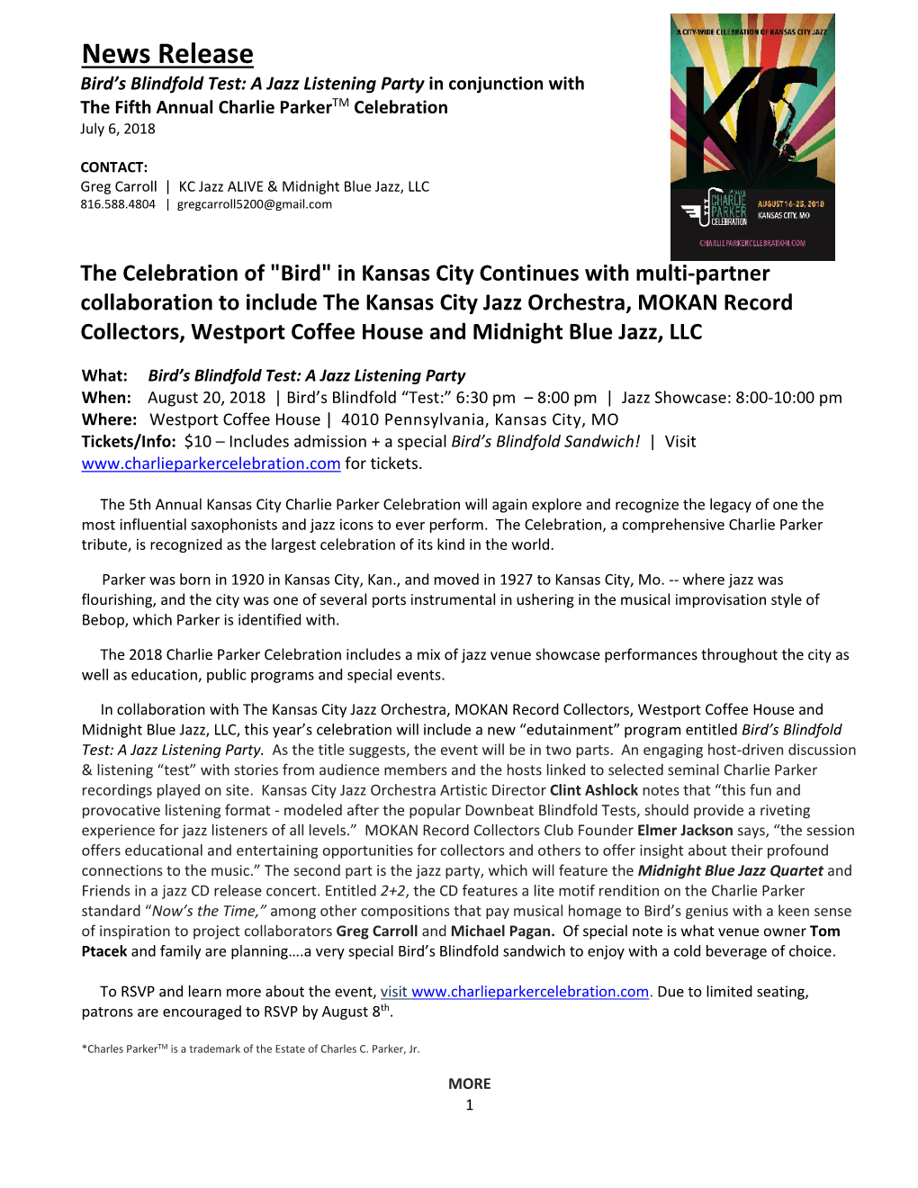 News Release Bird’S Blindfold Test: a Jazz Listening Party in Conjunction with the Fifth Annual Charlie Parkertm Celebration July 6, 2018