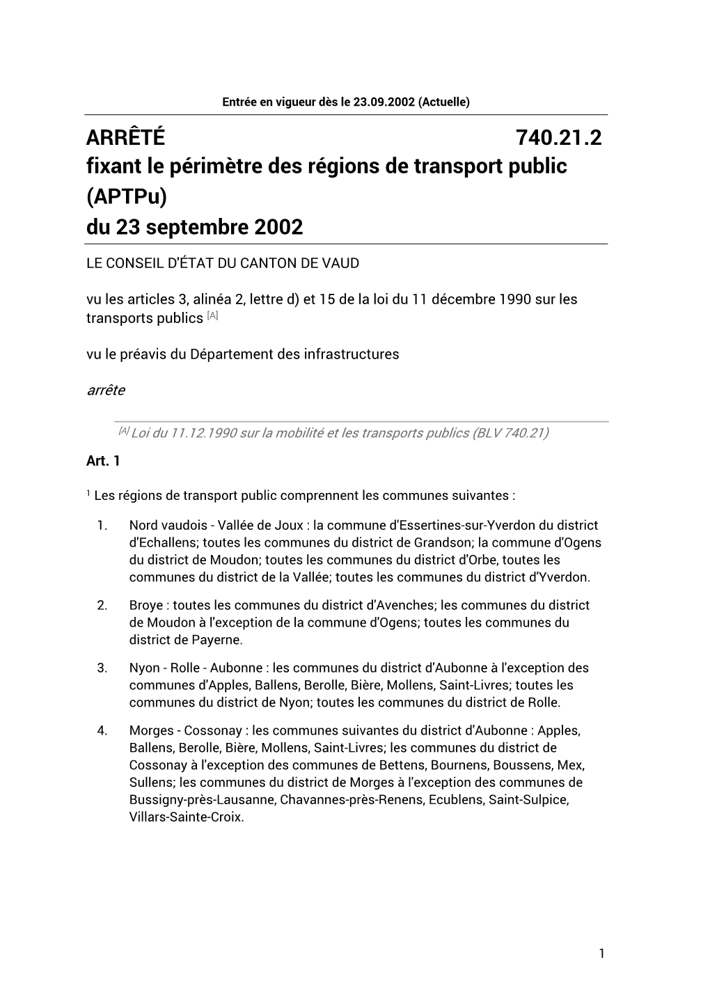 ARRÊTÉ 740.21.2 Fixant Le Périmètre Des Régions De Transport Public (Aptpu) Du 23 Septembre 2002