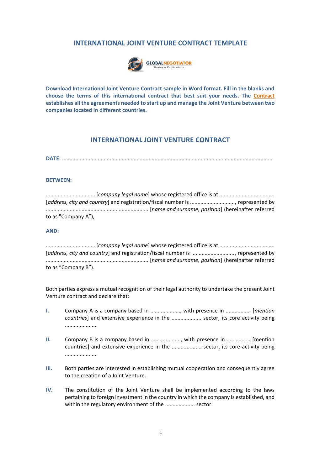 International Joint Venture Contract Sample Template