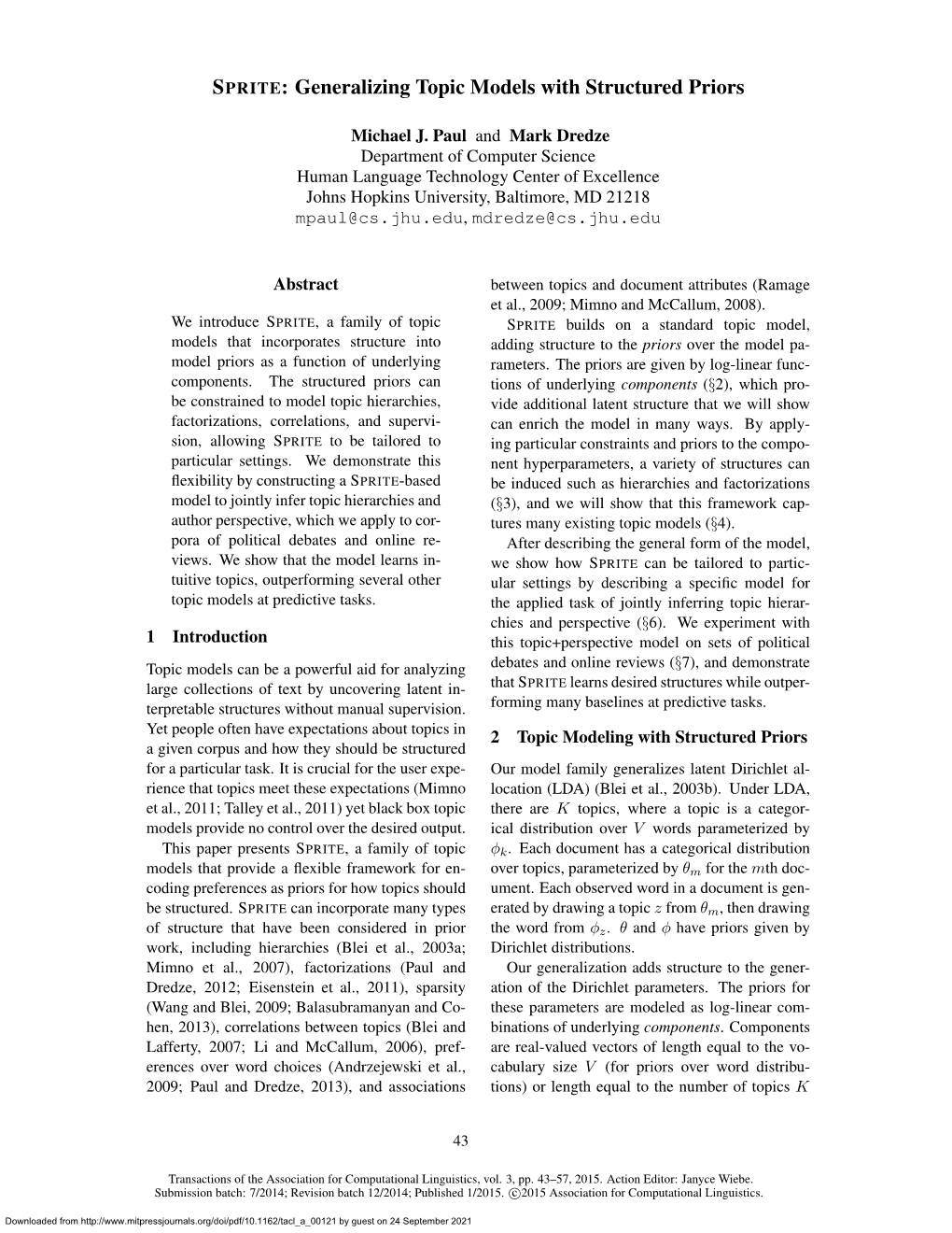 SPRITE: Generalizing Topic Models with Structured Priors