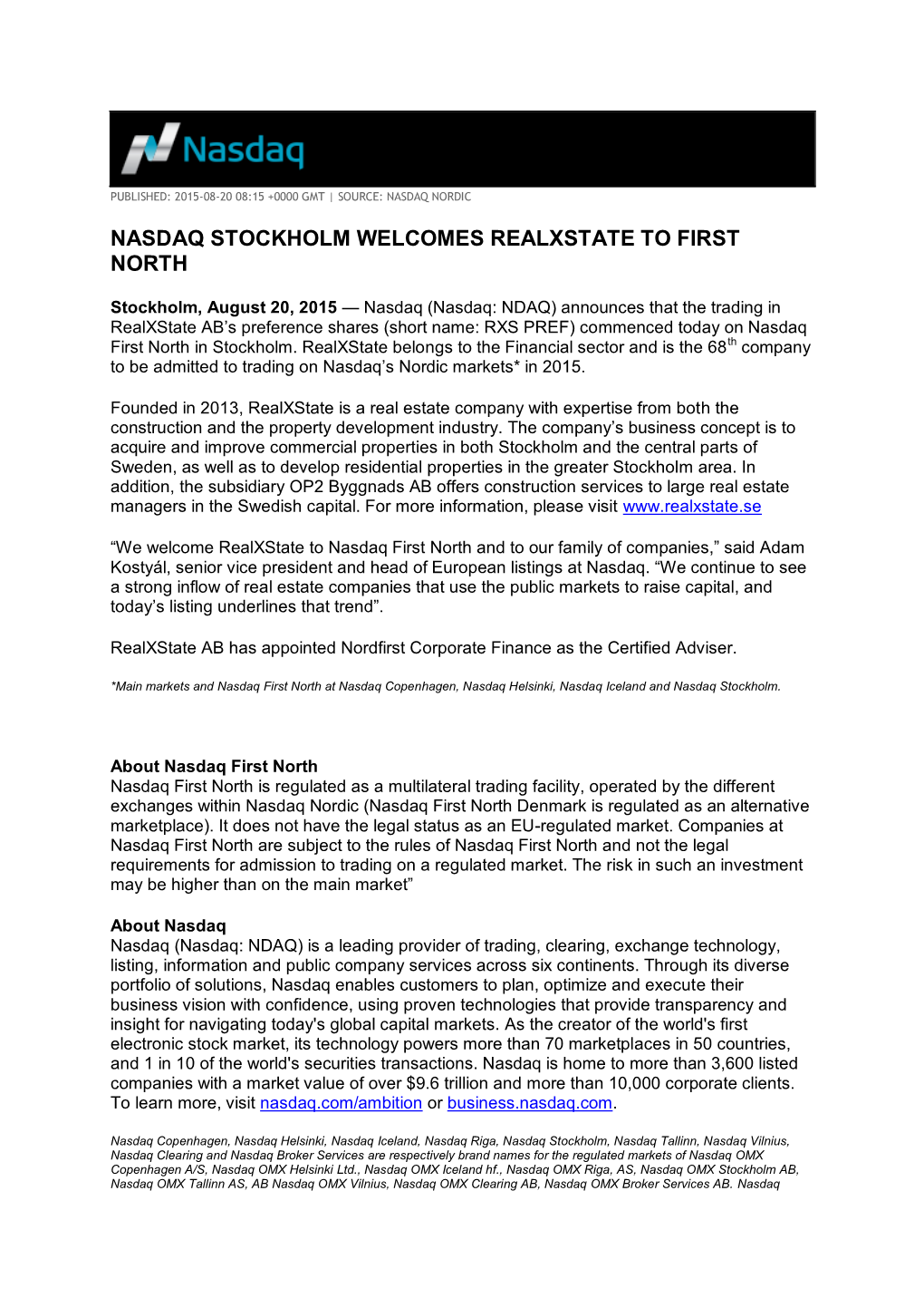 Nasdaq Stockholm Welcomes Realxstate to First North