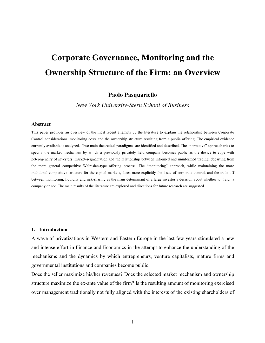 Corporate Governance, Monitoring and the Ownership Structure of the Firm: an Overview