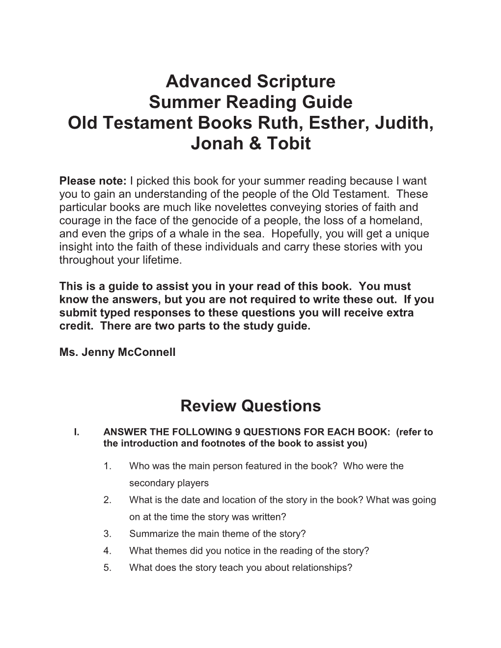 Advanced Scripture Summer Reading Guide Old Testament Books Ruth, Esther, Judith, Jonah & Tobit