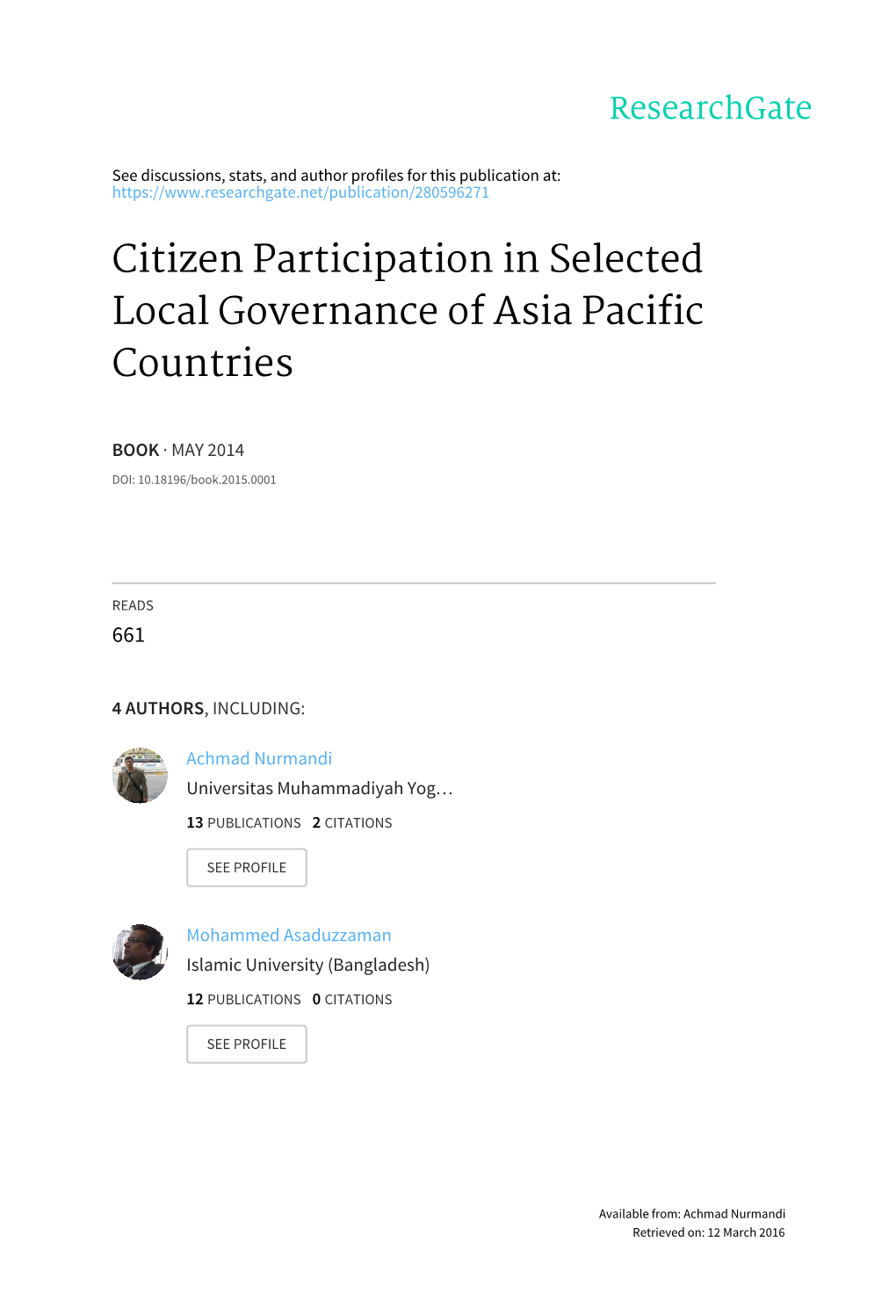 Citizen Participation in Selected Local Governance of Asia Pacific Countries