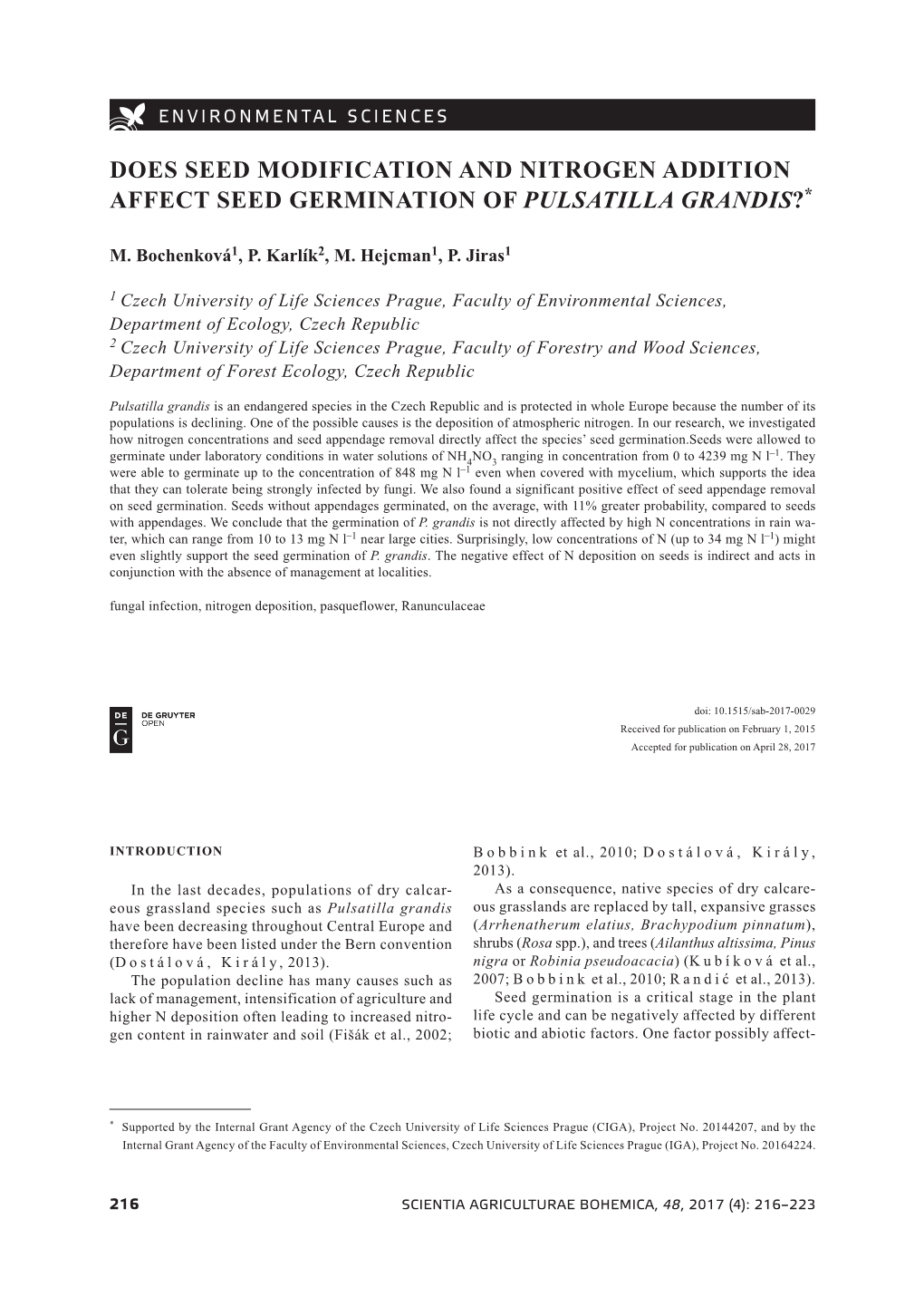 Does Seed Modification and Nitrogen Addition Affect Seed Germination of Pulsatilla Grandis?*