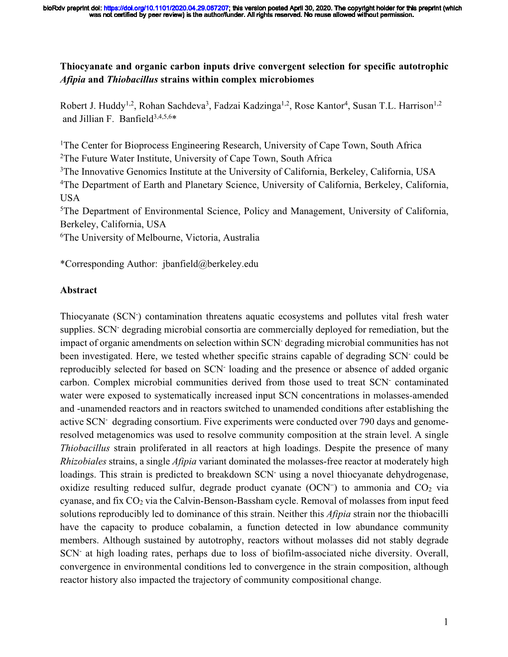 Thiocyanate and Organic Carbon Inputs Drive Convergent Selection for Specific Autotrophic Afipia and Thiobacillus Strains Within Complex Microbiomes