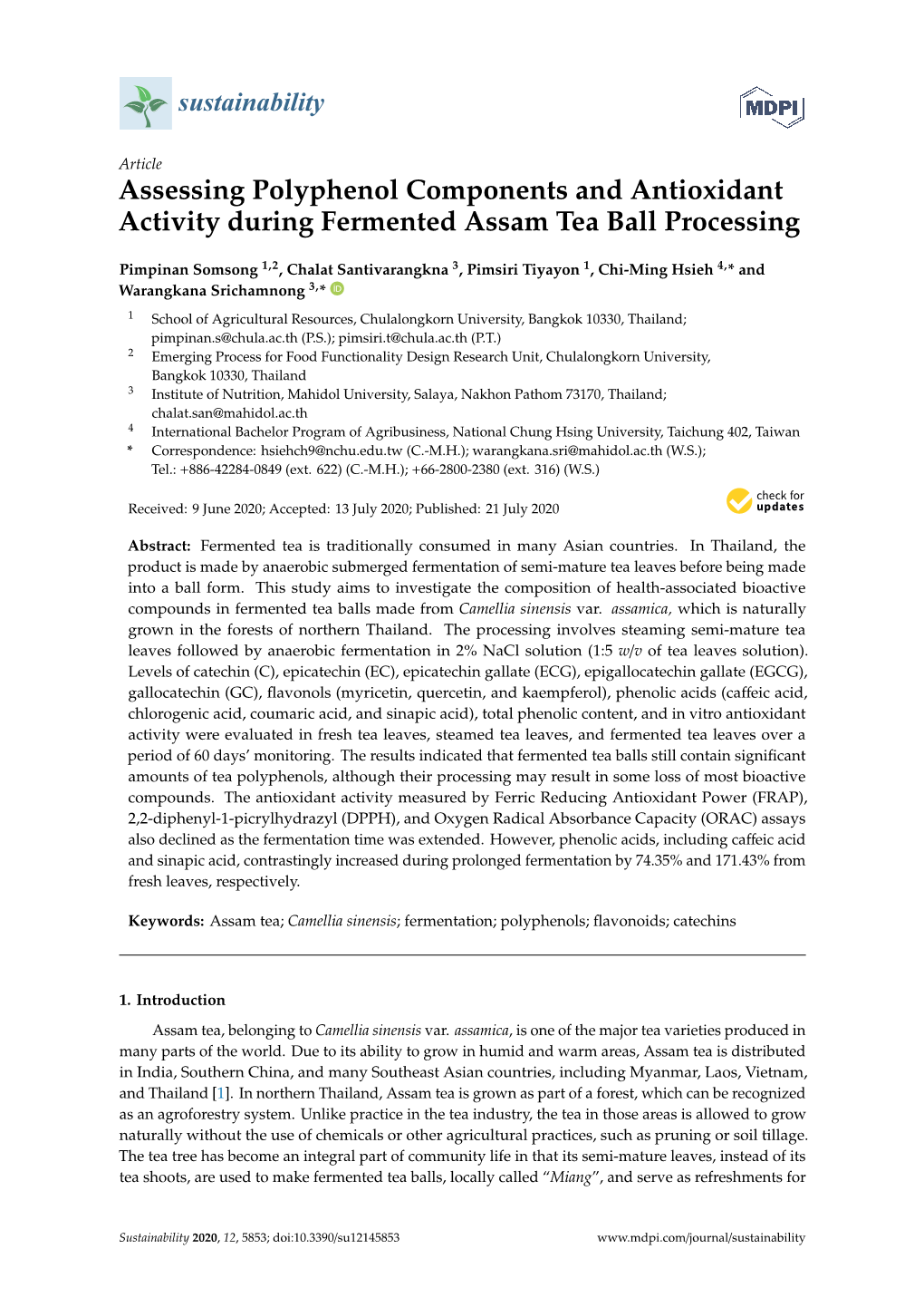 Assessing Polyphenol Components and Antioxidant Activity During Fermented Assam Tea Ball Processing