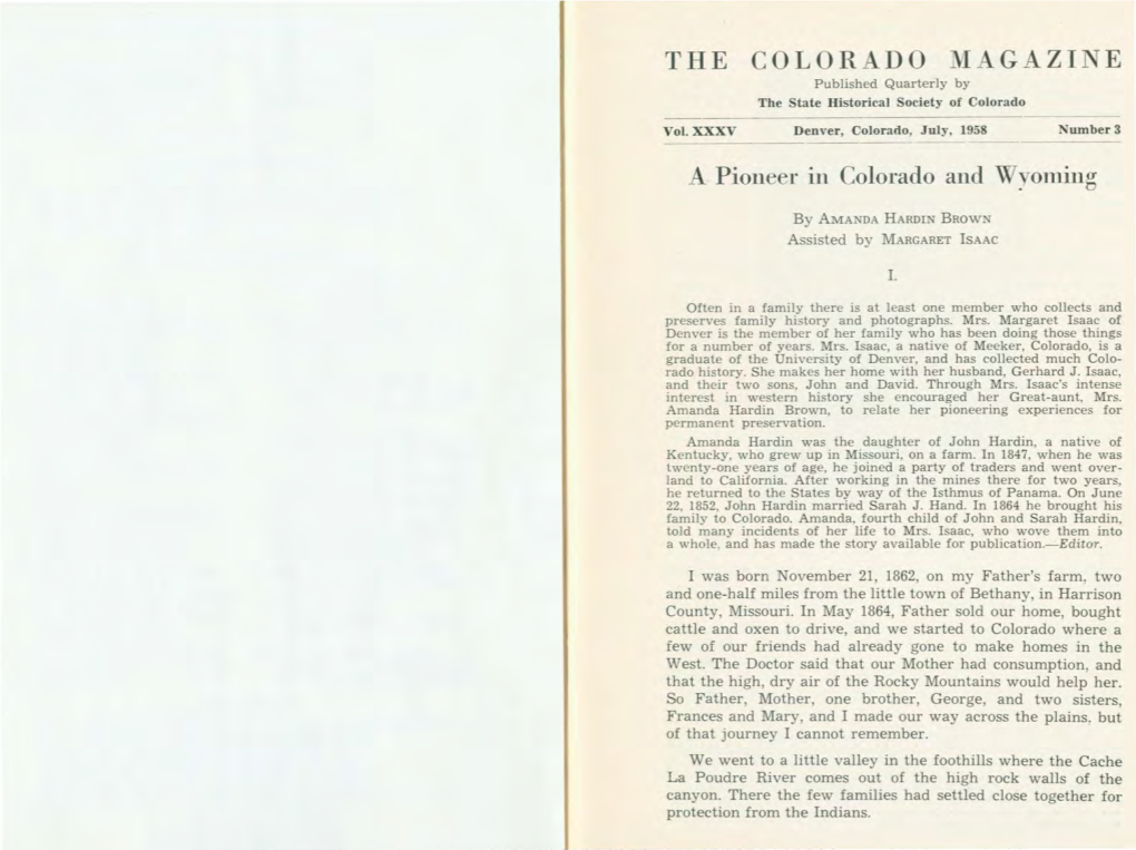 THE COLORADO MAGAZINE Published Quarterly by the State Historical Society of Colorado