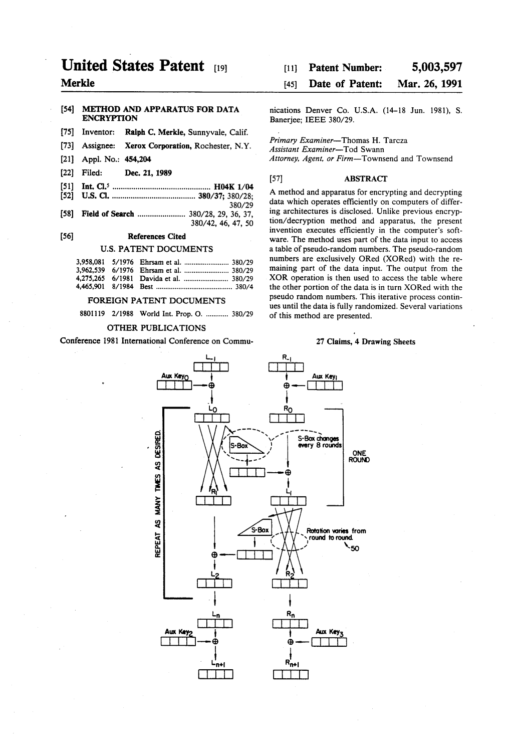 United States Patent (19) 11 Patent Number: 5,003,597 Merkle 45) Date of Patent: Mar