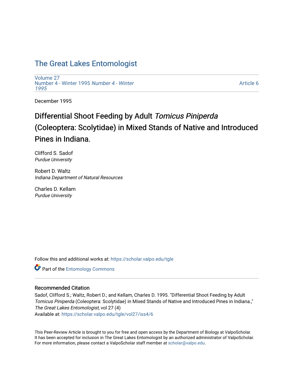 Differential Shoot Feeding by Adult Tomicus Piniperda (Coleoptera: Scolytidae) in Mixed Stands of Native and Introduced Pines in Indiana