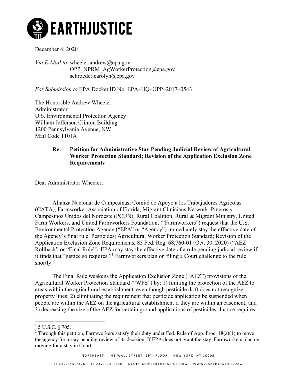 December 4, 2020 Via E-Mail to Wheeler.Andrew@Epa.Gov