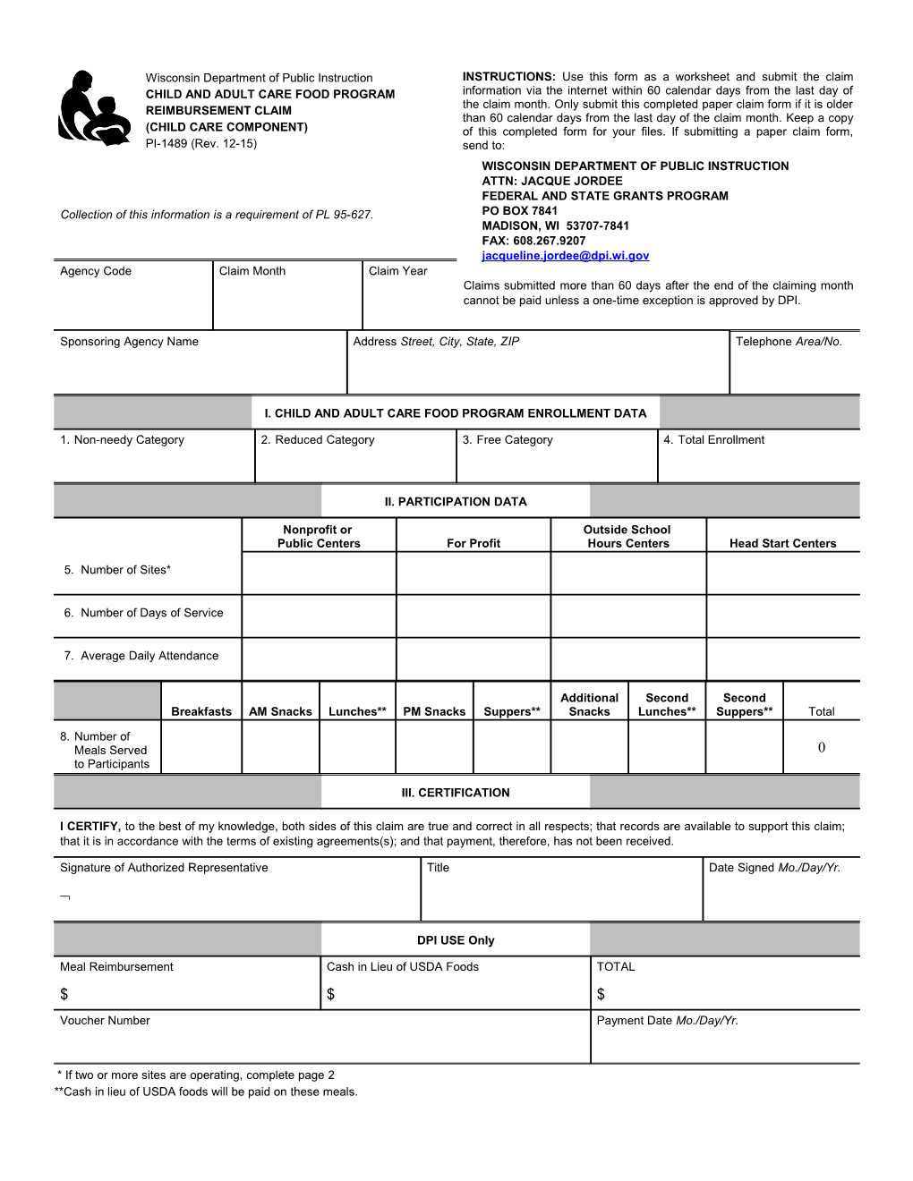 PI-1489-B CACFP Reimbursement Claim