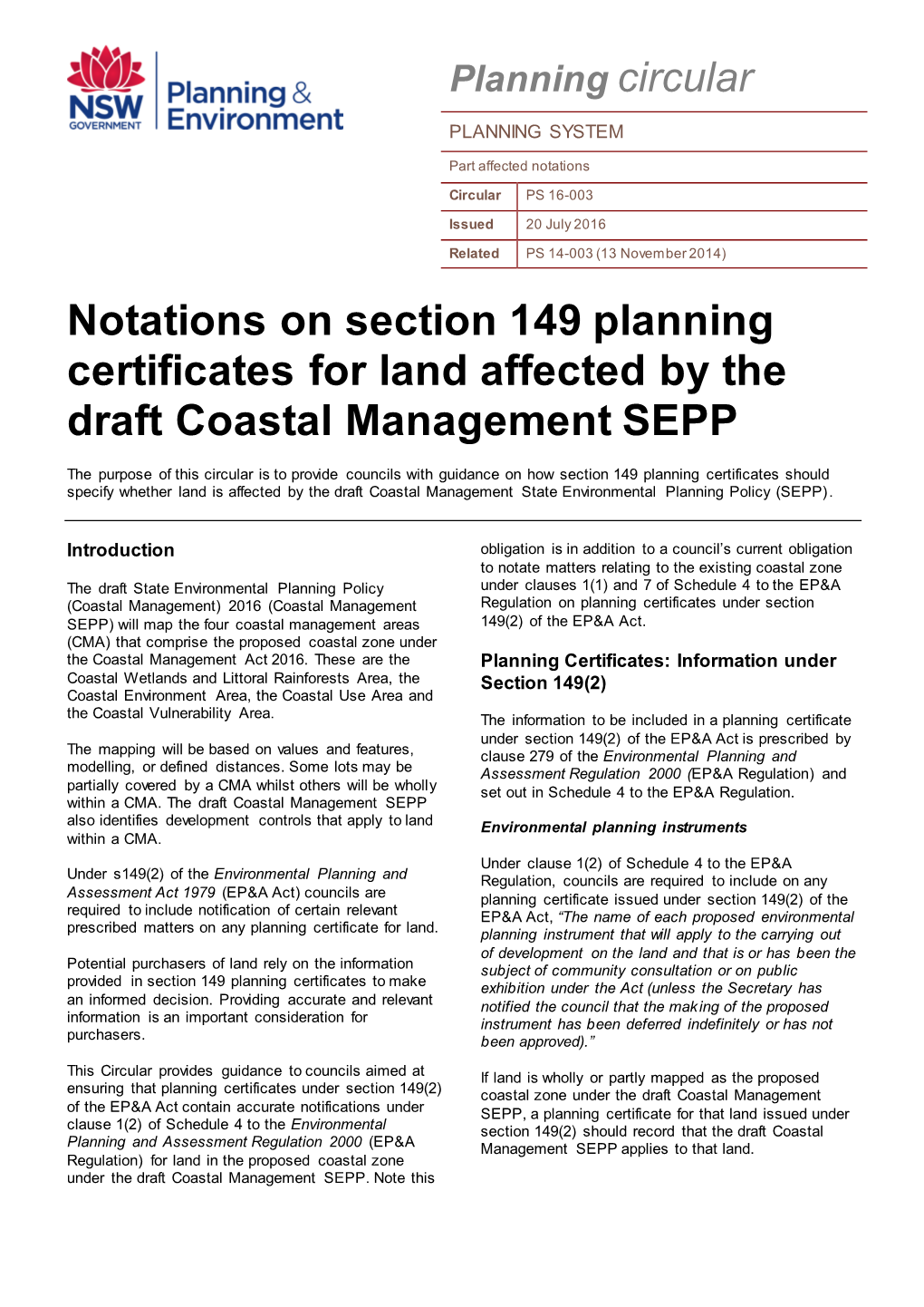 Notations on Section 149 Planning Certificates for Land Affected by the Draft Coastal Management SEPP