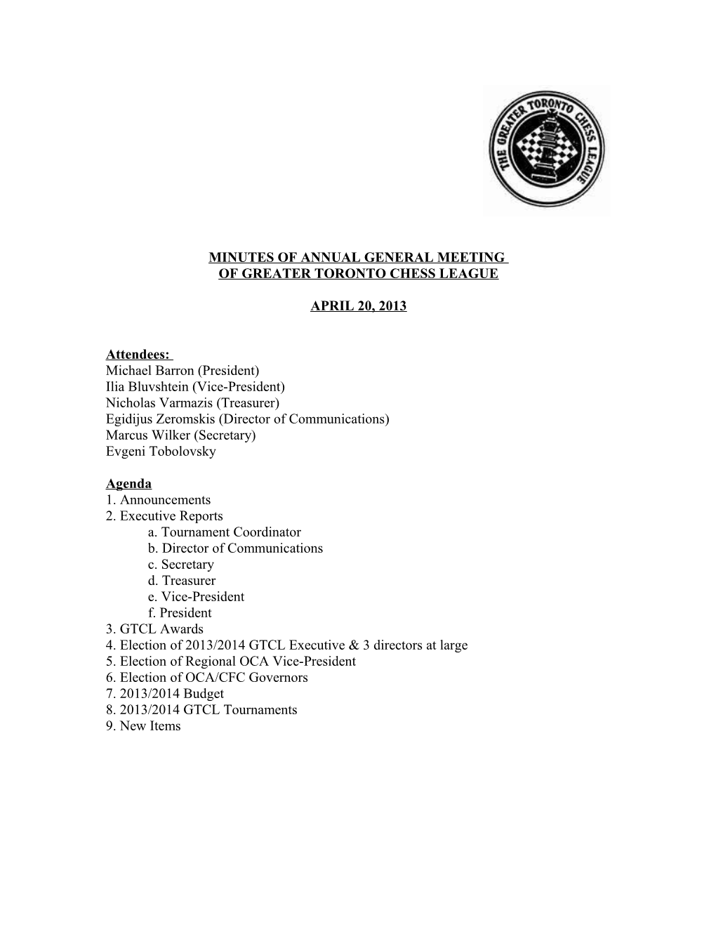 Minutes of Annual General Meeting of Greater Toronto Chess League