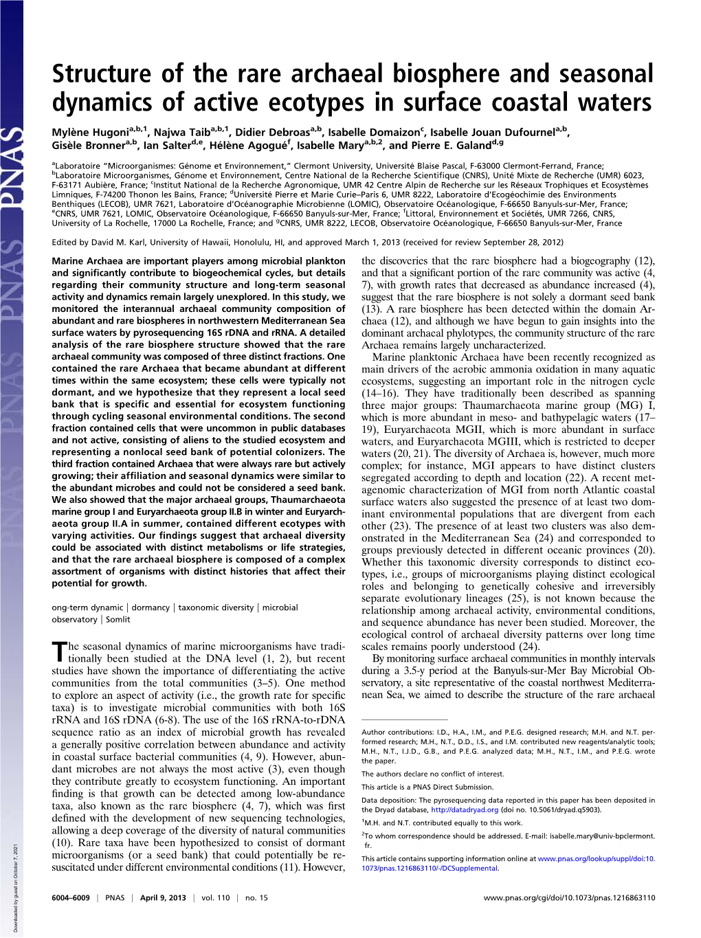 Structure of the Rare Archaeal Biosphere and Seasonal Dynamics of Active Ecotypes in Surface Coastal Waters