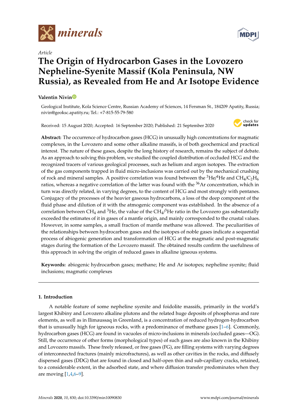 The Origin of Hydrocarbon Gases in the Lovozero Nepheline-Syenite Massif (Kola Peninsula, NW Russia), As Revealed from He and Ar Isotope Evidence