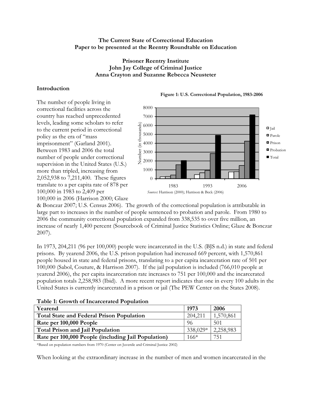 The Current State of Correctional Education Paper to Be Presented at the Reentry Roundtable on Education