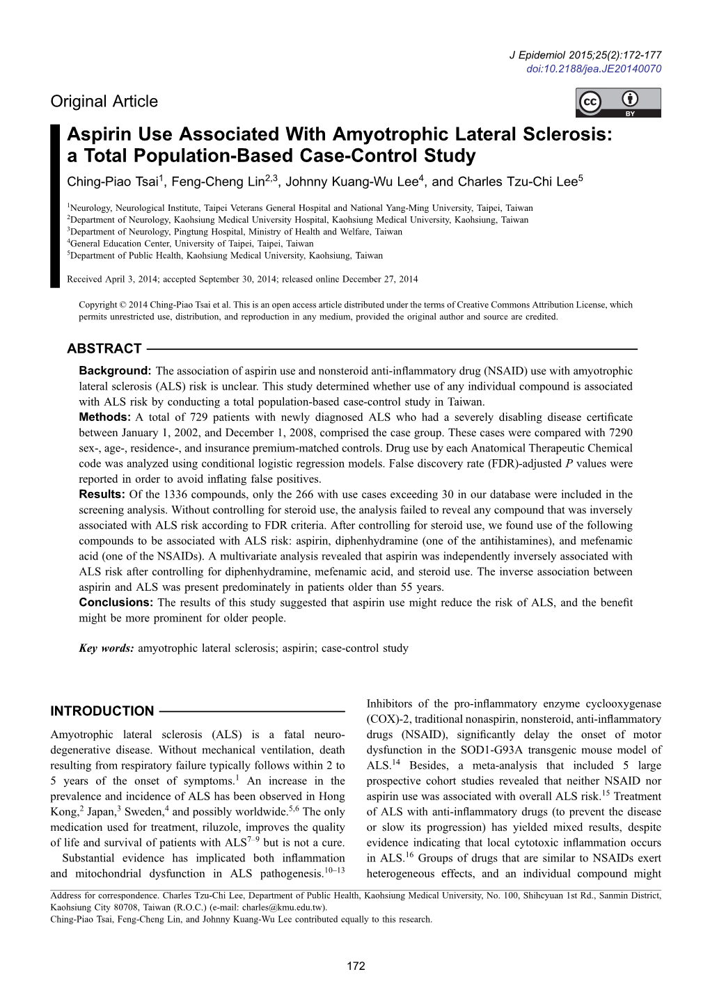 Aspirin Use Associated with Amyotrophic Lateral Sclerosis: a Total Population-Based Case-Control Study