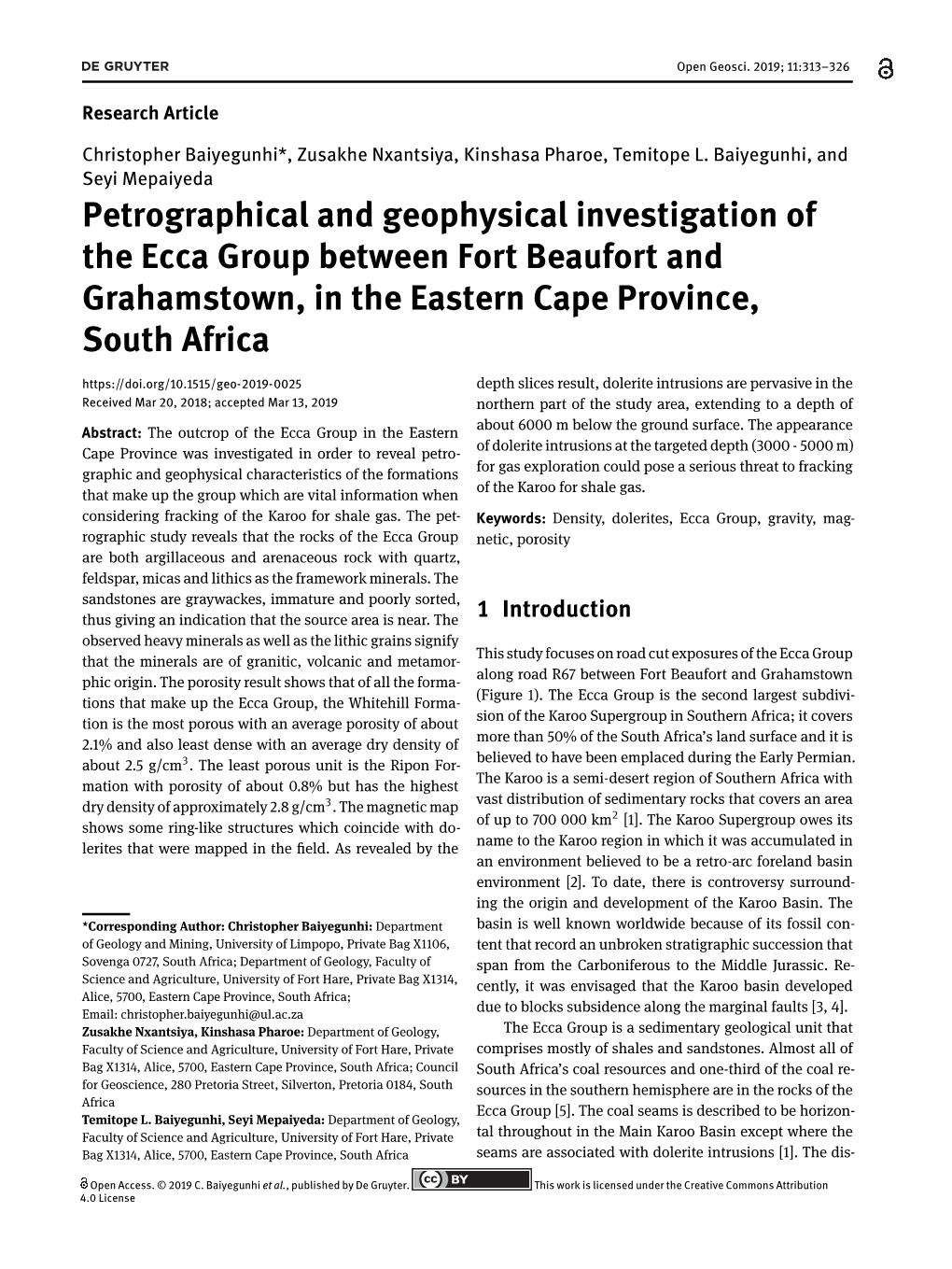 Petrographical and Geophysical Investigation of the Ecca Group