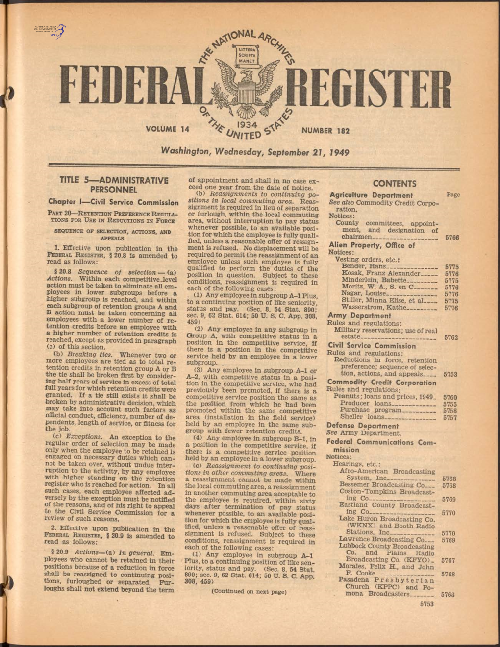 Washington, Wednesday, September 21, 1949 TITLE 5