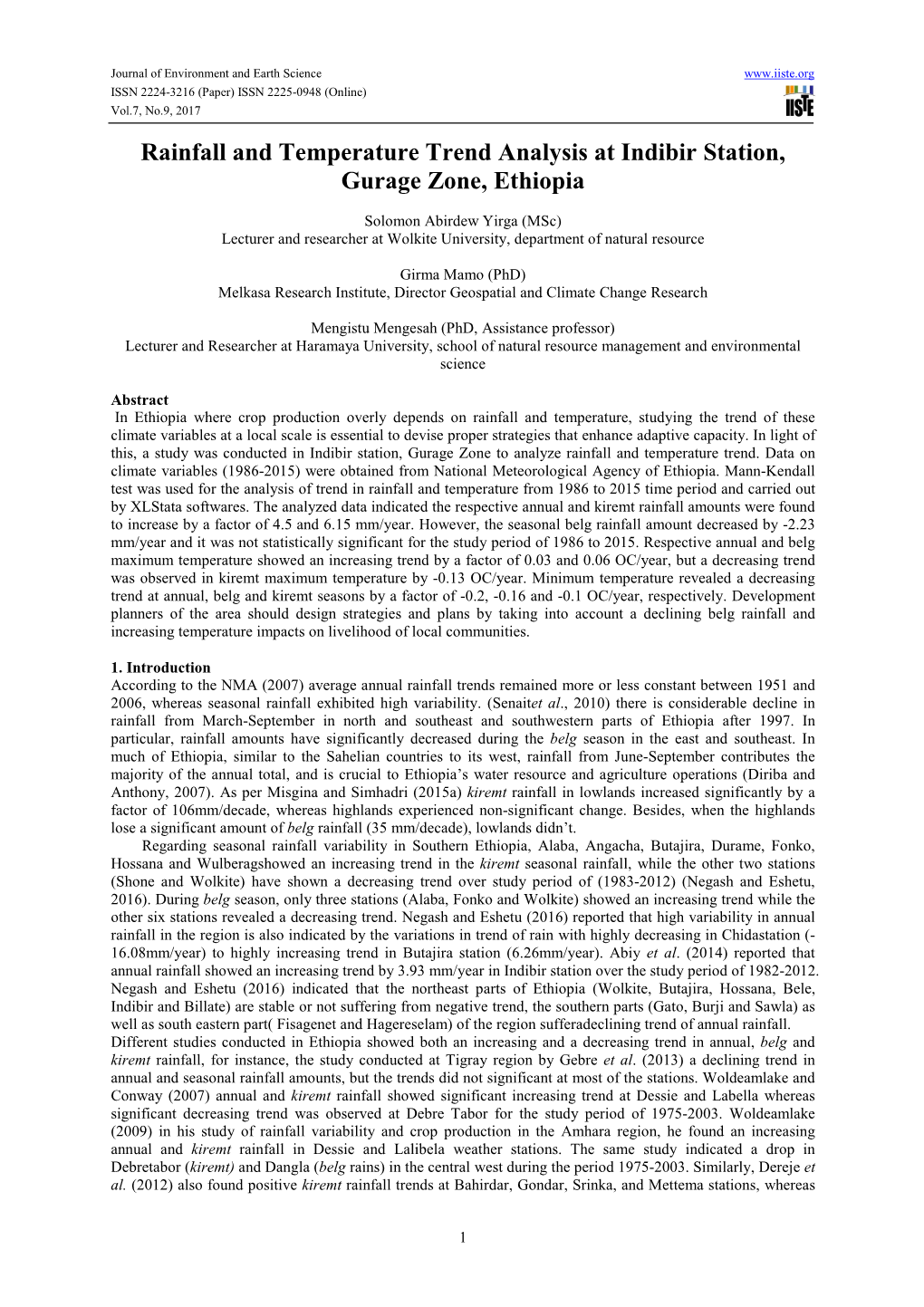 Rainfall and Temperature Trend Analysis at Indibir Station, Gurage Zone, Ethiopia