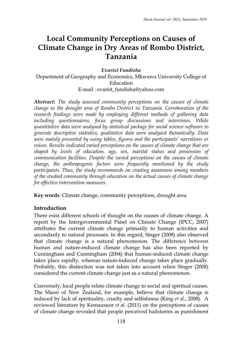 Local Community Perceptions on Causes of Climate Change in Dry Areas of Rombo District, Tanzania