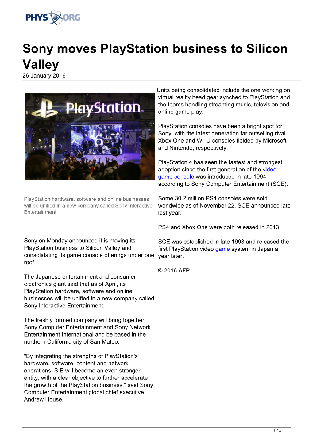 Sony Moves Playstation Business to Silicon Valley 26 January 2016