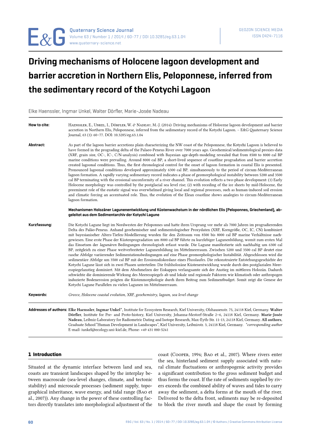 Driving Mechanisms of Holocene Lagoon Development and Barrier Accretion in Northern Elis, Peloponnese, Inferred from the Sedimentary Record of the Kotychi Lagoon