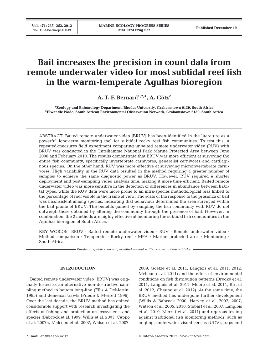 Bait Increases the Precision in Count Data from Remote Underwater Video for Most Subtidal Reef Fish in the Warm-Temperate Agulhas Bioregion