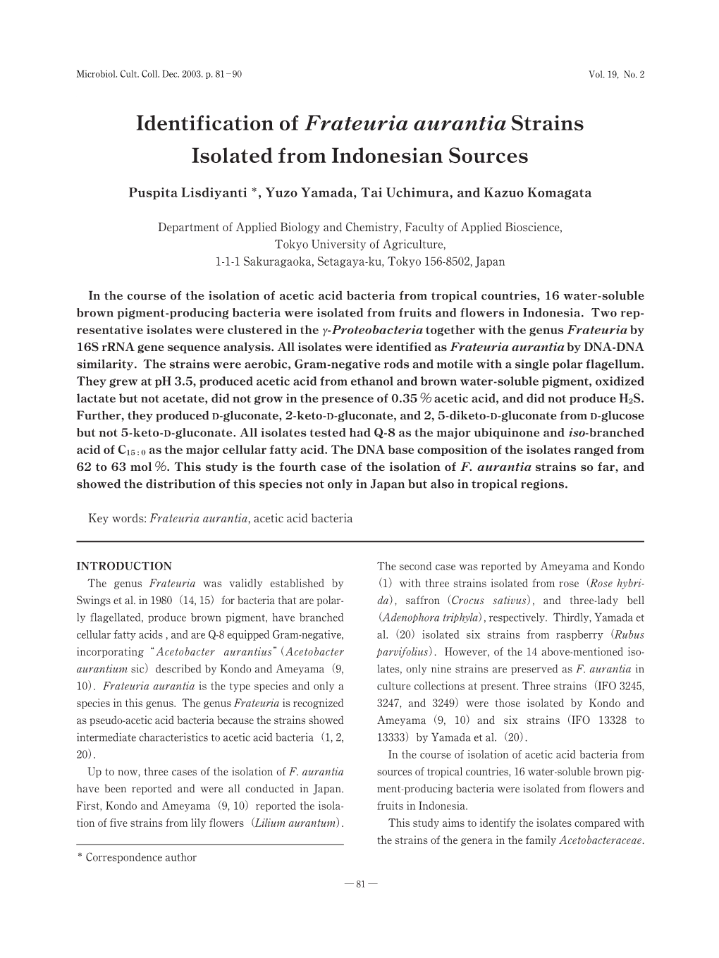 Identification of Frateuria Aurantia Strains Isolated from Indonesian Sources
