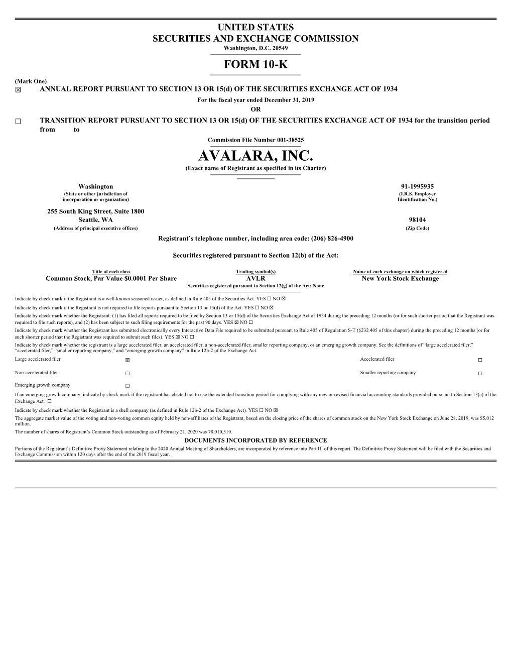 AVALARA, INC. (Exact Name of Registrant As Specified in Its Charter)