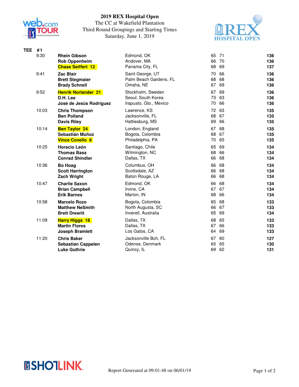 2019 REX Hospital Open the CC at Wakefield Plantation Third Round Groupings and Starting Times Saturday, June 1, 2019