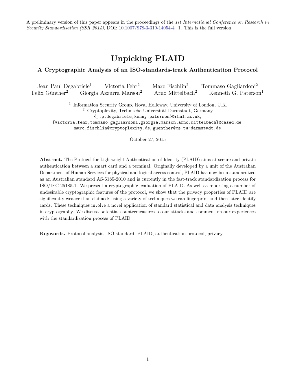 Unpicking PLAID a Cryptographic Analysis of an ISO-Standards-Track Authentication Protocol