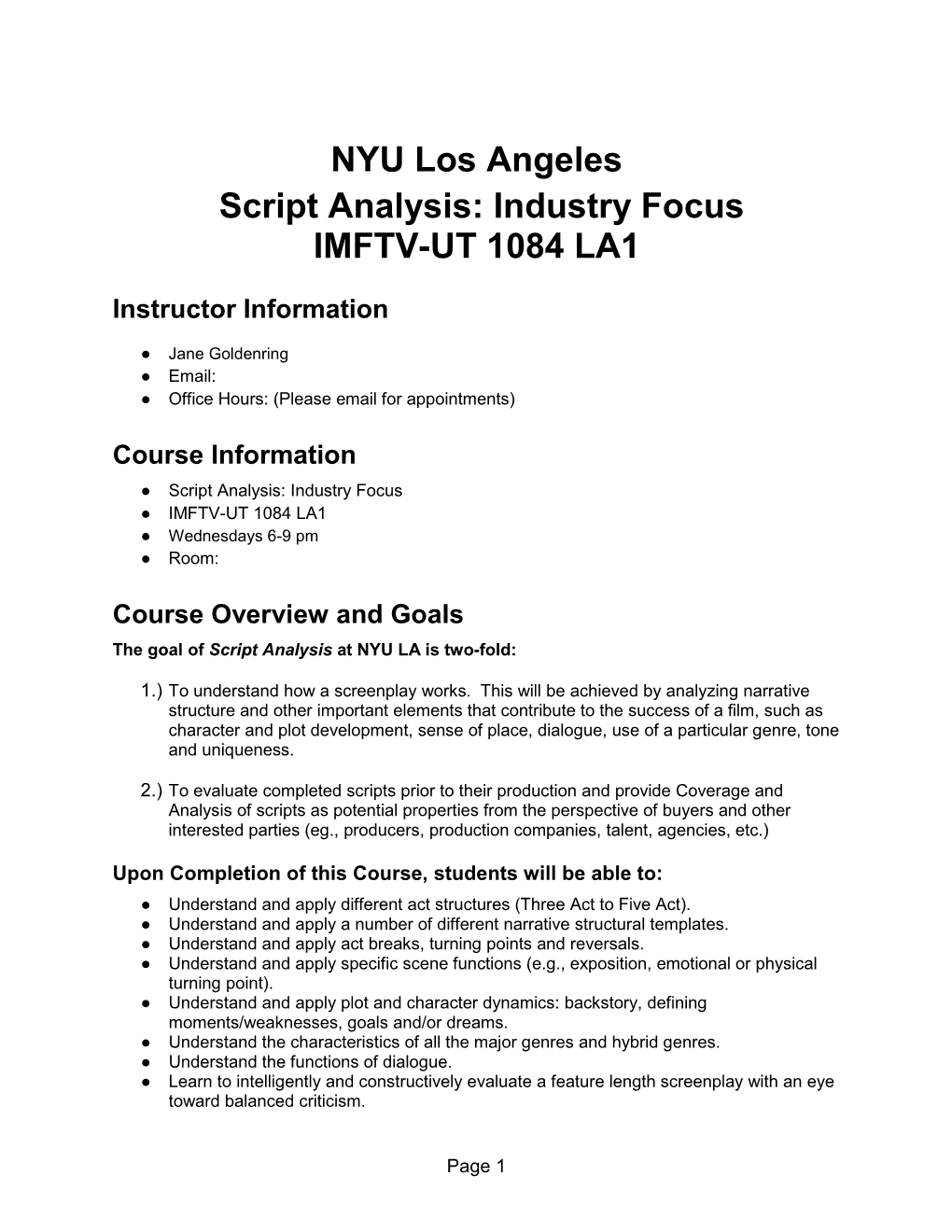 NYU Los Angeles Script Analysis: Industry Focus IMFTV-UT 1084 LA1