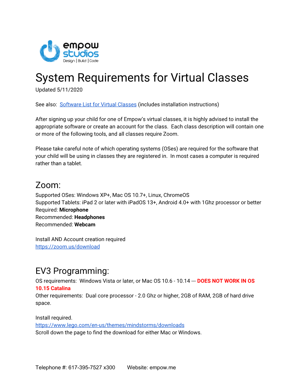 System Requirements for Virtual Classes Updated 5/11/2020