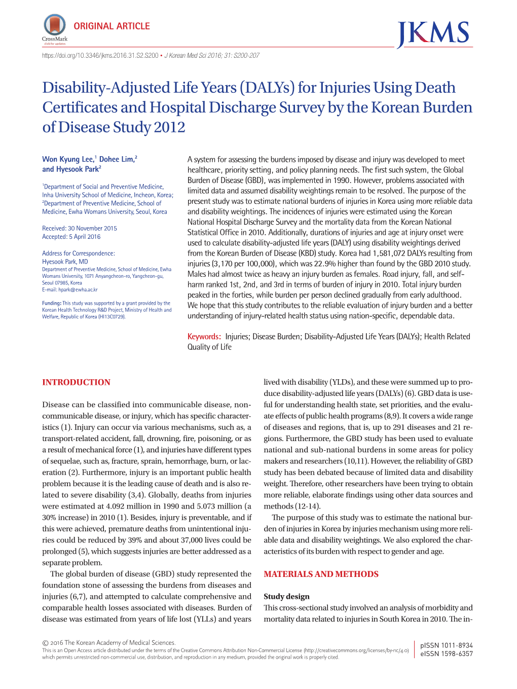 Disability-Adjusted Life Years (Dalys) for Injuries Using Death Certificates and Hospital Discharge Survey by the Korean Burden of Disease Study 2012